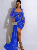 Beautiful Rhinestones Long Straps Mini Dress Womens New Chic Cut-Out Sheer Mesh Sequins Party Dresses Christmas