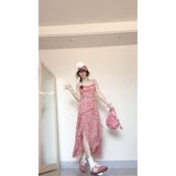 Fongt Floral Sling Dress Female Design Sense Niche Lotus Side Temperament Waist Dress Two Sets