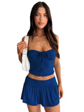 Summer Girl Solid Color Skirt Set Halter And Strapless Drawstring Ruched Crop Top Elasticated Waist Pleated Skirt Set-Outfit