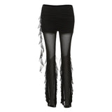Fongt 2025 Summer New Women's Sexy Hottie Lotus Side Design Folding Mesh Splicing Perspective Leisure Pants