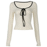 Round Neck Polka Dot Tie Knot Long Sleeve Tee-Outfit