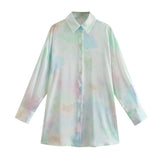 Women New Spring Autumn Retro Tie Dye Printing Simple Style Loose Long Sleeve Lapel Shirt Casual Chic
