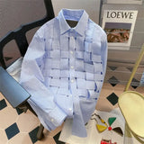 Autumn Stylish Braid Spliced Striped Shirt Casual Hollow Out Female Clothing Lapel Korean Loose Single-breasted Blouse-Outfit