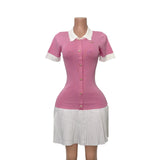 Fongt Wind Bumping Collar Short Sleeves Covert Thin 100 Folded Knitted Dress
