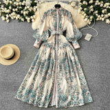 Fongt Style Dress Women's Spring Court Collar Lantern Sleeves To Close The Waist Single Buckle Printing Folded Long Skirt