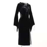 Halloween New Women's Dress Dark Temperament Hat Horn Sleeve Spider Web Dress-Outfit