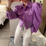 Women 2023 Autumn Winter Shirts Retro Cargo Style Pockets Long-Sleeved Shirt Puff Sleeve Bandage Nipped Waist Tops