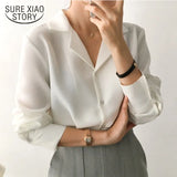 Vintage Solid White Chiffon Blouse Tops Spring Cardigan Women Blouses Long Sleeve Women Shirts Clothes Blusas Mujer 9379