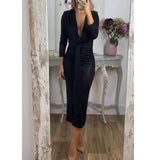 Fongt Women's Autumn And Winter Sexy V-Neck Dress Solid Hot Gold Tight-Body Ass 8088