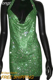 Rhinestone Backless Dress Sexy Deep V Neck Sleeveless Side Split Halter Dress Nightclub Party Evening