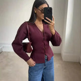 Fongt Women's INS Explosion V-Neck Long Sleeve Simple Knitted Set