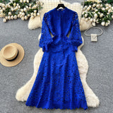 Fongt Sense Of Elegant Lace Dress 2025 New Hollow Hooks Waist Lantern Sleeves Waist Waist Dress Dress