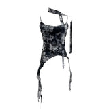 Fongt Girls Newspaper Tie-Dye Printing Net Waste Vest Irregular Rope Ribbon 1197