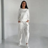 Fongt 2025 New Women's Solid Color Round-Neck Long-Sleeved Set Pocket Casual Pants Trousers