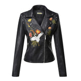 Flowers Embroidery Pu Leather Jacket Women Turn-down Collar Rivet Zipper Black Biker Coats Tops Clothes Ropa De