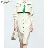 Han Queen Autumn 3 Pieces Set Women Short Coat + Sling And High Waist Bud Pencil Skirts Casual Simple Office Lady Skirt