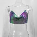 Metal Metallic Crop Top Women Beach Halter Corset Tops Glitter Backless Party Club Tank Top Clothes Top Camisole