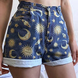 denim Shorts Fit Planet Printed Pattern Shorts Women Short Pant School Loose Streewear Sun Star Ladies Short