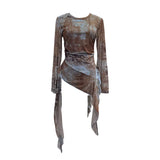Real Shooting Babes Long Sleeves And Jersey Net Yarn Dye Printing Irregular Lotus Leaf Edge Ribbon Folding Top