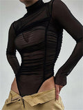 Sexy Women Long Sleeve Ruched Bodysuits Solid Mesh See-Through High Neck Slim Rompers Spring Fall Jumpsuits Clubwear-Outfit