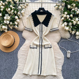 Fongt Retro Trendy Polo Collar Short-Sleeved Dress Women's Summer Metal Buckle Waist Thin Knitted Skirt