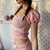 And Spicy Girl Pure Desire Square Collar Lace Spliced Bubble Sleeve T-Shirt Girl Bow Slim Knitted Blouse-Outfit