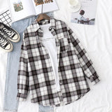 New Women Vintage Flannel Plaid Shirt Pockets Full Sleeve Turn Down Collar Loose Blouse Spring Female Casual Basic