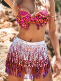 Sequins Women Set Sexy Deep V Neck Backless Bra Crop Tops With Color Multilayered Tassel Mini Skirt Party