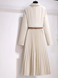 Women's Dress Notched Chiffon Elegant Dresses for Women 2023 Spring Pleated White Dress Belt Knee-Length Solid OL Woman