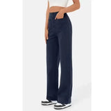 Fongt Fashion New Women's Casual Straight Pants High Waist Button Elastic Belt With Multiple