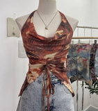 Real Shooting Holiday Wind Hanging Neck Collar Collar Tidling Strap Sling Vest Tie Mesh Yarn Short Sleeveless Top