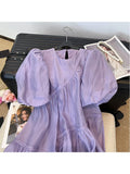 Summer Women's Purple Short Bubble Sleeve Round Neck Elegant Dresses Spring Casual Loose Mini Dresses Ladies