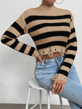 Fongt Women's Clothing Fashion Round Collar High-Waist Short Striped Knitted Short Sweater
