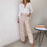 Fongt Summer Women's Casual Long Sleeve Lapel Shirt Print Wide-Leg Pants