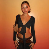 Fongt 2025 New Fashion Spice Girls Solid Color Sexy V Tie With Supple Short-Anxed Long-Sleeved Shirt Coat