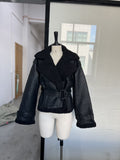 Fongt 2025 Women's Women's Women's Cozy Casual PU Lambs Solid Color Belt Jacket