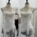 Fongt Lace Splicing Irregular Lotus Leaf Edge Ribbon Sling Vest Round Neck Sexy Sleeveless Top 1218