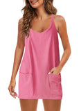 Fongt Summer Solid Sleeveless Dress Fine Shoulder Strap Vest Skirt Sports Skirt Pocket