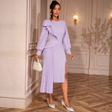 Fongt Elegant Lantern Sleeve Party Dress Irregular Lotus Folds On The Side Of The Fork Evening Dress Dress