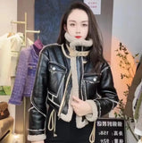 Lambswool Jacket Winter Thickened Plus Velvet Motorcycle Faux Leather Stitching Coat PU Plush Cardigan Stand Collar Tops-Outfit