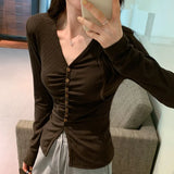 V-Collar Pleated Shoulder Long-Sleeved T-Shirt A New Spring Style Slim Design With A Bottomed