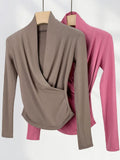 Fongt Quality Combed Cotton Cross V-Neck Long Sleeve Bottom Shirt Female Spring Elegant Wind Slim Inside A T-Shirt-Outfit