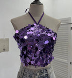 Fongt Industry Bling Bling Glide Hanging Neck Sling Vest One-Style Wrapping Tie With Large Bare Back Blouse 1083