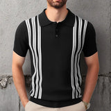 Fongt Men's Summer Short Sleeve Knit Dress Black Striped Business Casual POLO Shirt Men's