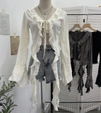 Fongt Wasteland Wind Irregularly Drifted With Lotus Leaf Edge Strap With Hole Open Shirt Short Long Sleeves 9256
