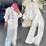 Fongt Light Luxury Heavy Lace Splicing Temperament Long-Sleeved Shirt Tight High Waist Thin Broad Leg Trousers Two Sets Of Women