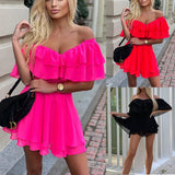 Fongt Spot 2023 Summer New One-Word Shoulder Sleeveless Flounce Sexy Mini Chiffon Dress-Outfit