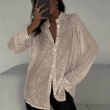 Fongt 2025 New Pearl Blouse Collared Long-Sleeved Sleeve-Jersey Basic Women's Shirt