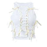 Fongt 2023 Hot Style Fashion Round Collar Hollow Out Cross-Tie Bow Short Sleeveless