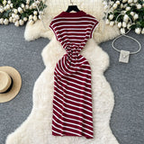 Fongt Chic Summer Dress Niche Retro Polo Collar Short-Sleeved Striped Dress Female Waist Temperament Open Long Dress